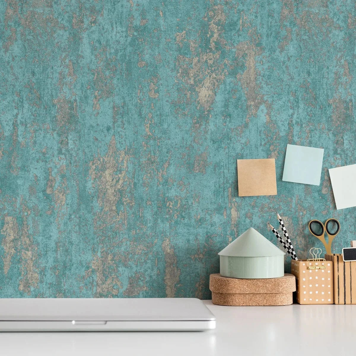 Tirkīza un zelta tapetes ar apmetuma spīdumu – luksusa sienu dekorācija  