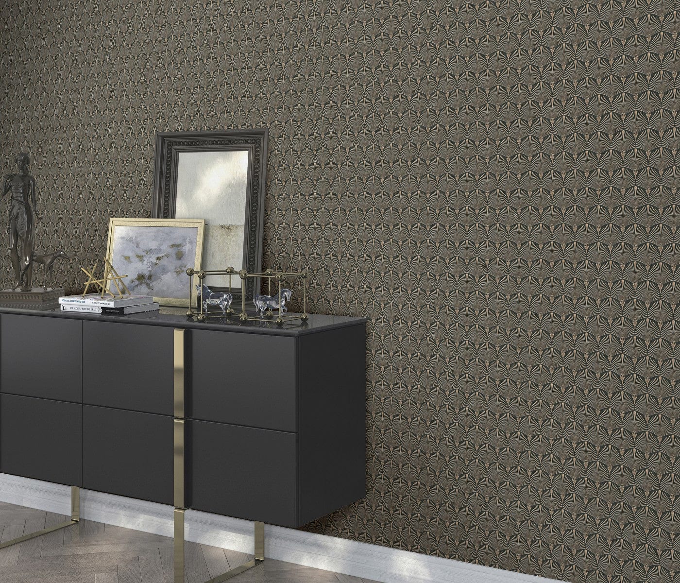 Greznas melnas un zelta tapetes ar Art Deco pāvu spalvas dizainu, 3744567, guļamistabai - interjers 3