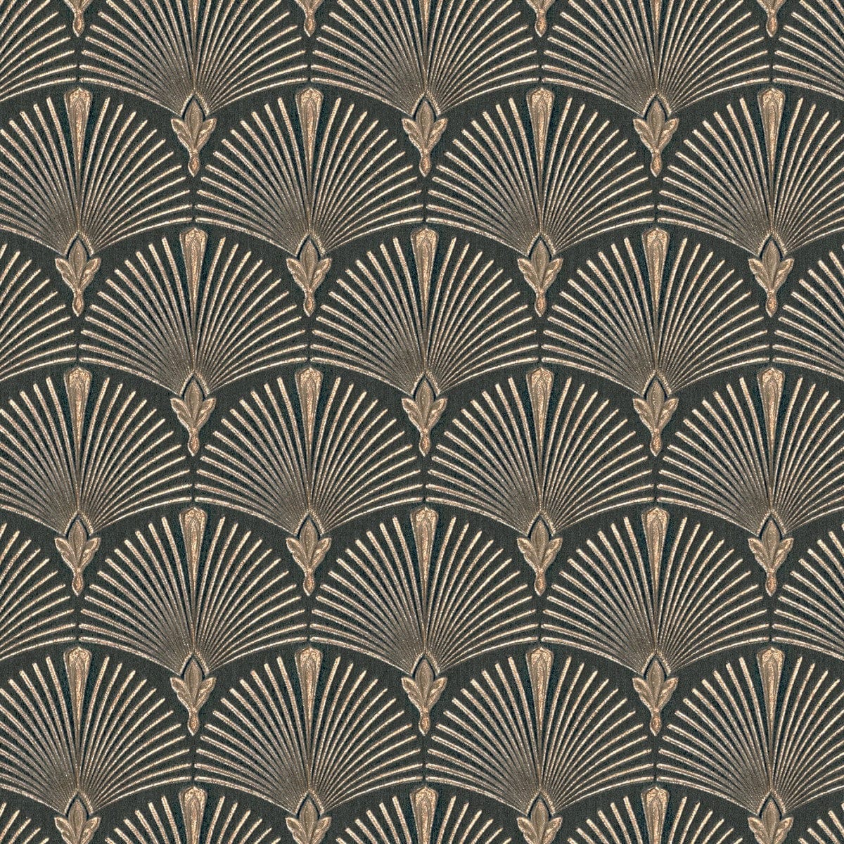 Greznas melnas un zelta tapetes ar Art Deco pāvu spalvas dizainu, 3744567, guļamistabai - interjers 1
