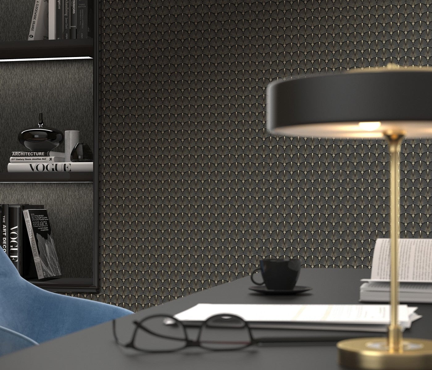 Greznas melnas un zelta tapetes ar Art Deco pāvu spalvas dizainu, 3744567, guļamistabai - interjers 2