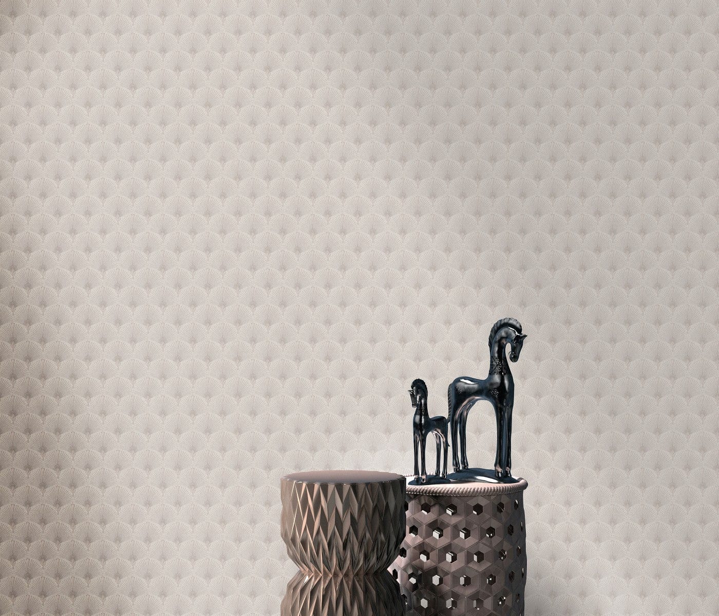 Taupe krāsas tapetes ar pāvu spalvas iedvesmotu Art Deco ornamentu, 3744615, kabinetām - interjers 3