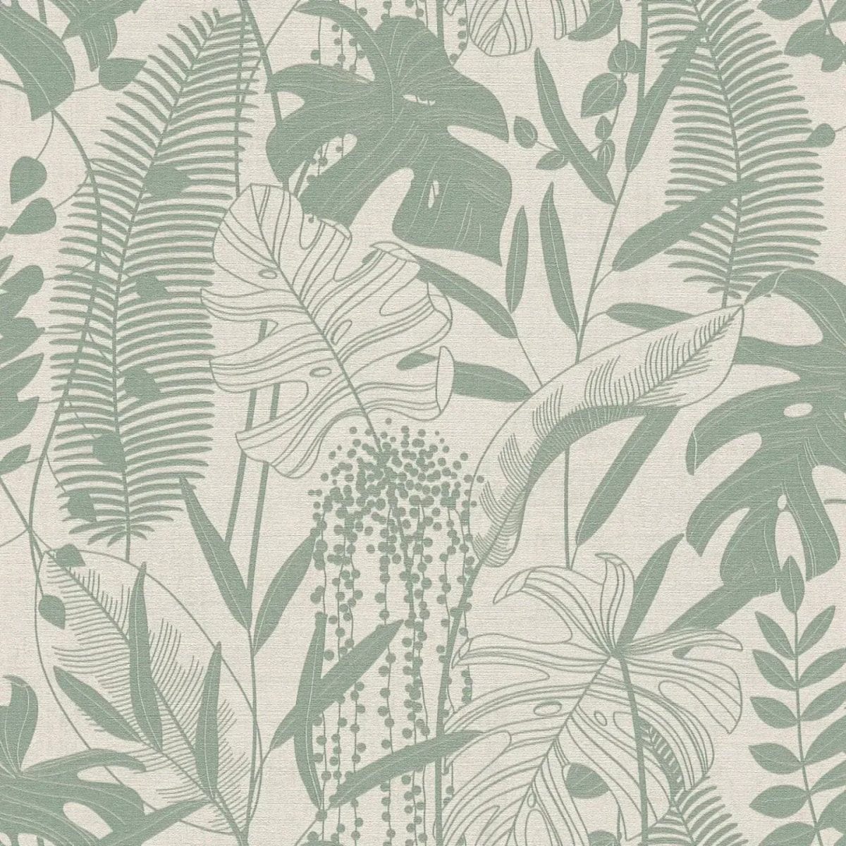 Zaļi pelēkas tapetes ar dekoratīvu lapu motīvu un spīdumu | 3012132