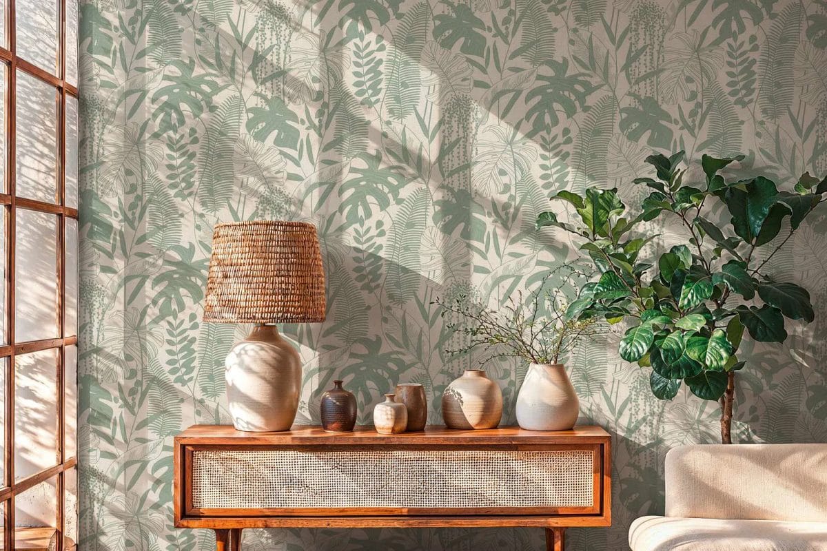 Zaļas un pelēkas tapetes ar dekoratīvu lapu motīvu un augu formām elegantā viesistabas interjerā. SKU: 3012132, AS Creation.