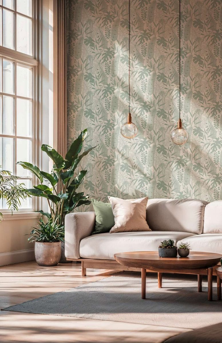 Zaļi pelēkas tapetes ar dekoratīvu lapu motīvu un spīdumu | 3012132