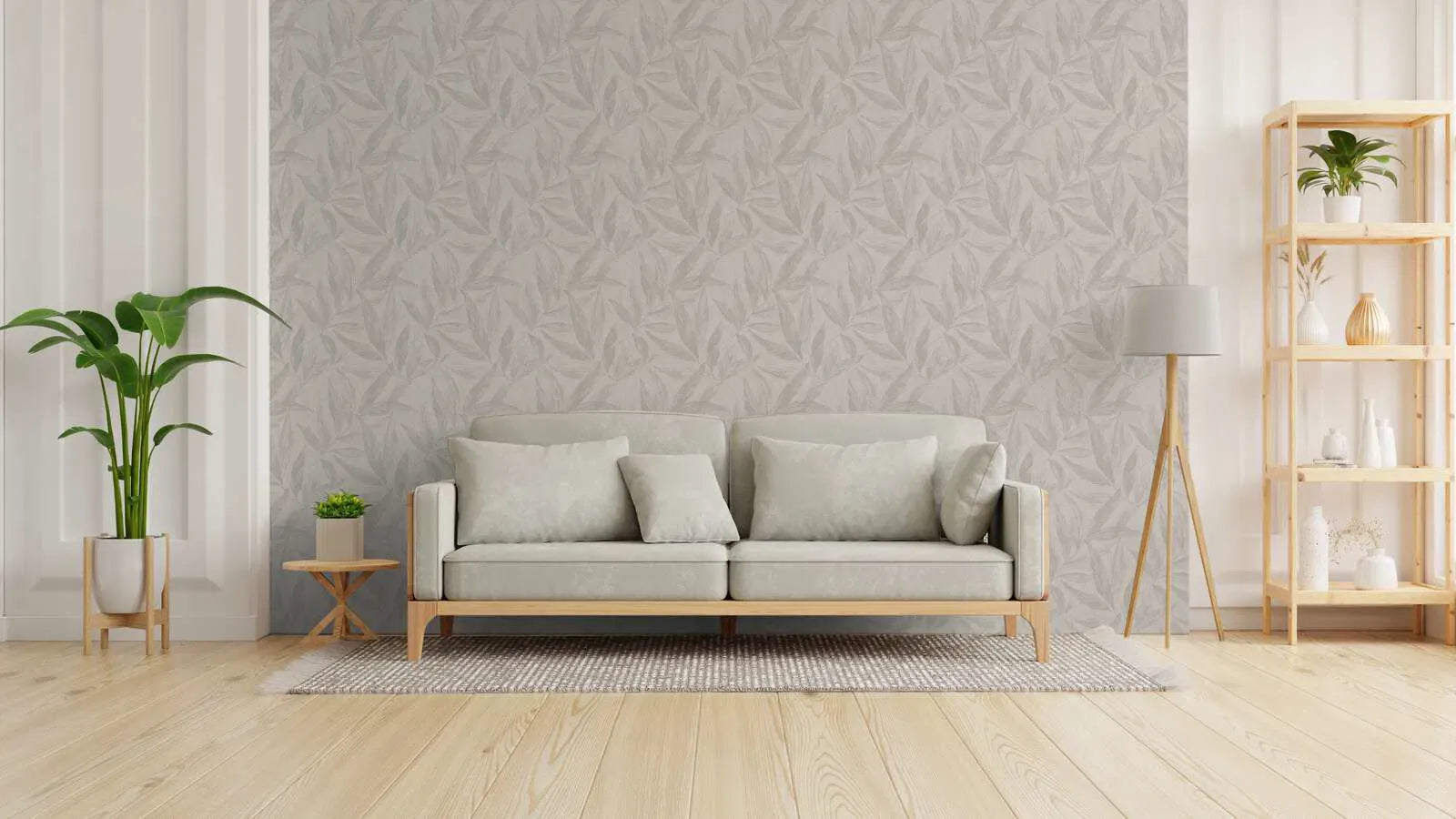 Pelēkas tapetes ar spalvu rakstu un sudraba spīdumu | 3010664