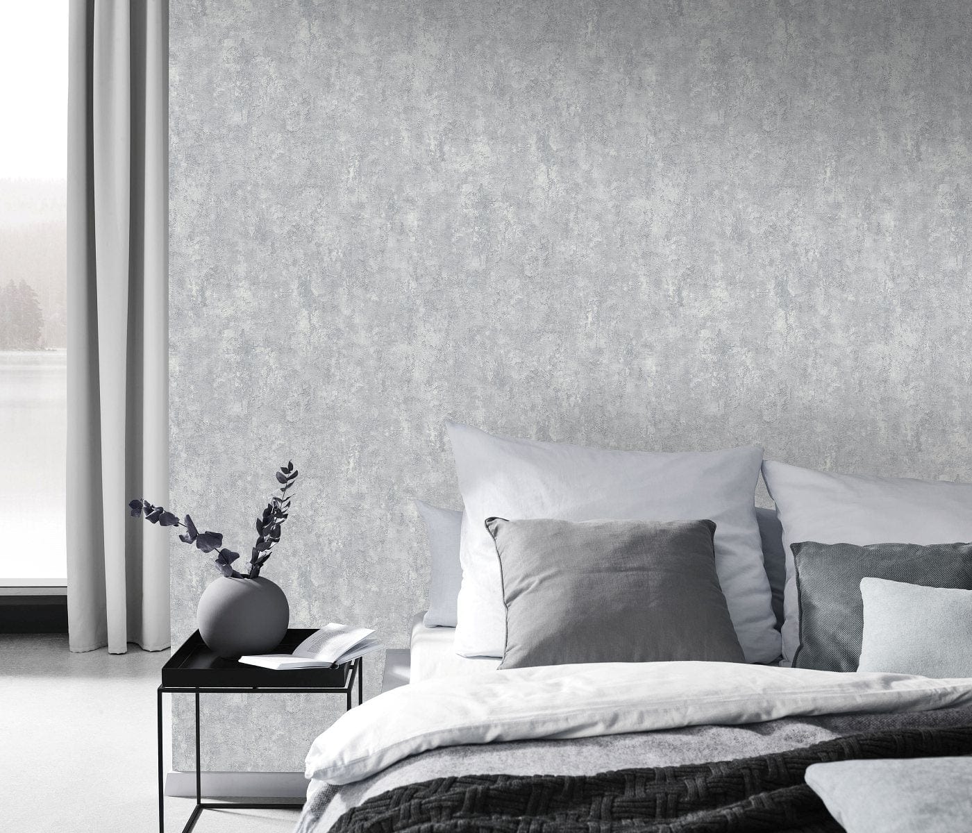 Pelēkas toņu tapetes ar dabas tekstūru, kas veido mierīgu un modernu interjeru, 3752333, skats interjerā 3