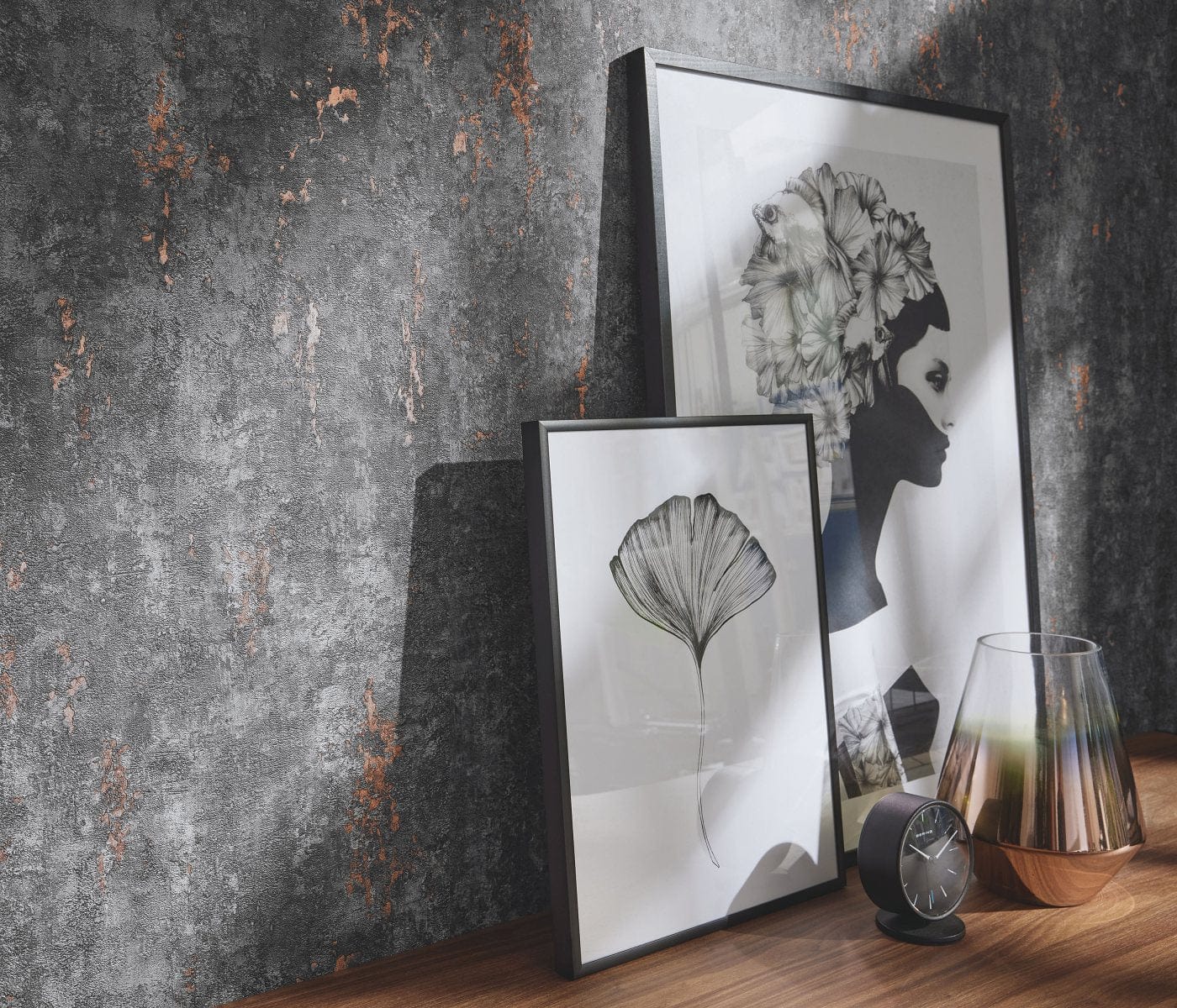 Tapetes melnā krāsā ar unikālu tekstūru, kas atgādina koka mizu un atdzisušu lavu, 3752353, skats interjerā 2