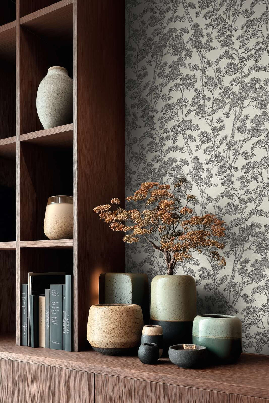 Melnbaltas tapetes ar elegantiem koku galotnēm modernā guļamistabas interjerā. SKU: 3006777.