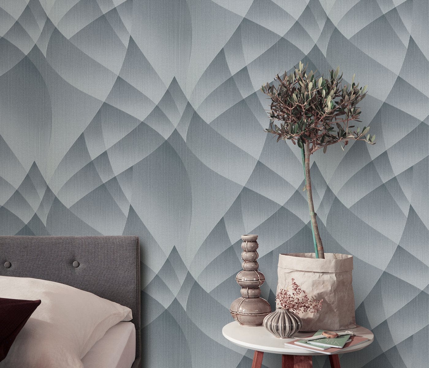 Tapetes sudraba un pelēkos toņos ar ģeometrisku rakstu, mūsdienīgam interjeram, 3752165, skats interjerā 2