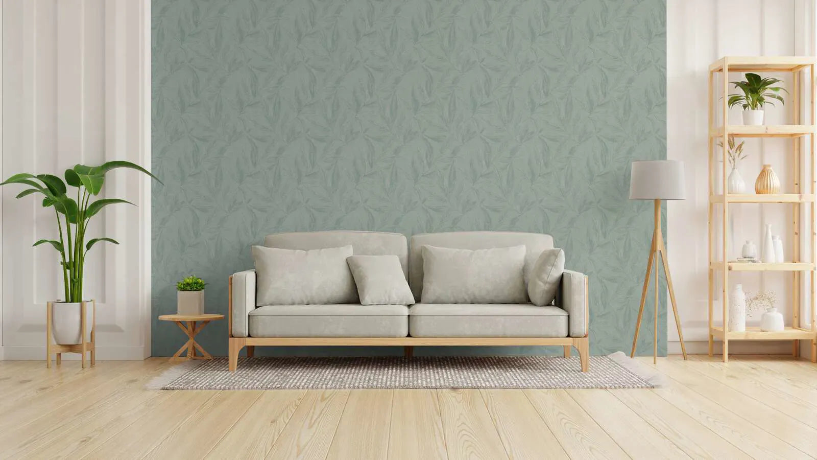 Zaļas tapetes ar filigrānu spalvu dizainu un maigu spīdumu | 3010665