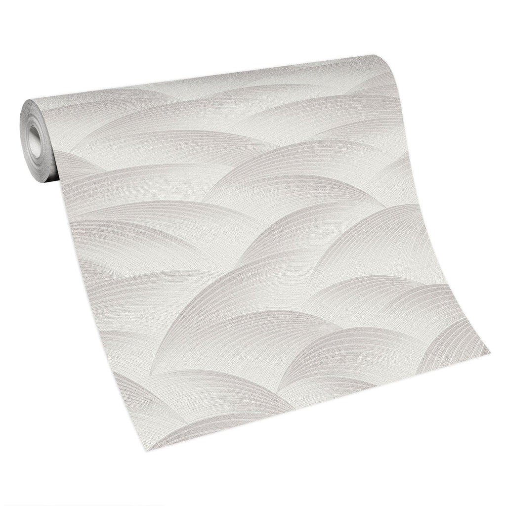 Neitrālas pelēkas un taupe toņu tapetes ar ģeometrisku viļņu rakstu, 3751666, skats interjerā 4