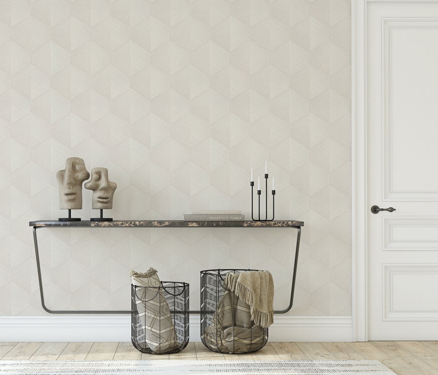Modernas tapetes ar izteiksmīgu 3D grafisko dizainu krēmkrāsas tonī, skats interjerā 3