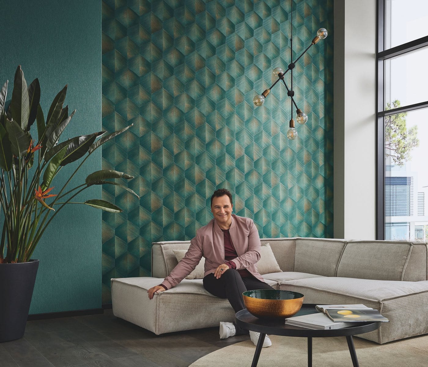 Tumši zaļas 3D tapetes ar grafisko rakstu unikālai sienu apdarei, 3751333, skats interjerā 3