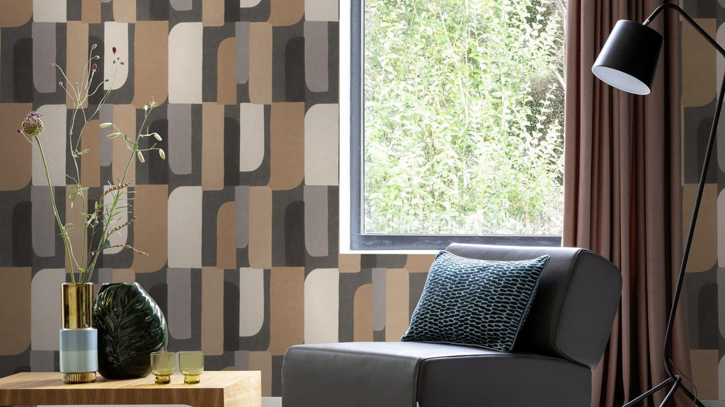 Grafiskā raksta tapetes, brūnā, melnā un pelēkā krāsā, RASCH, 330533, Paraiso