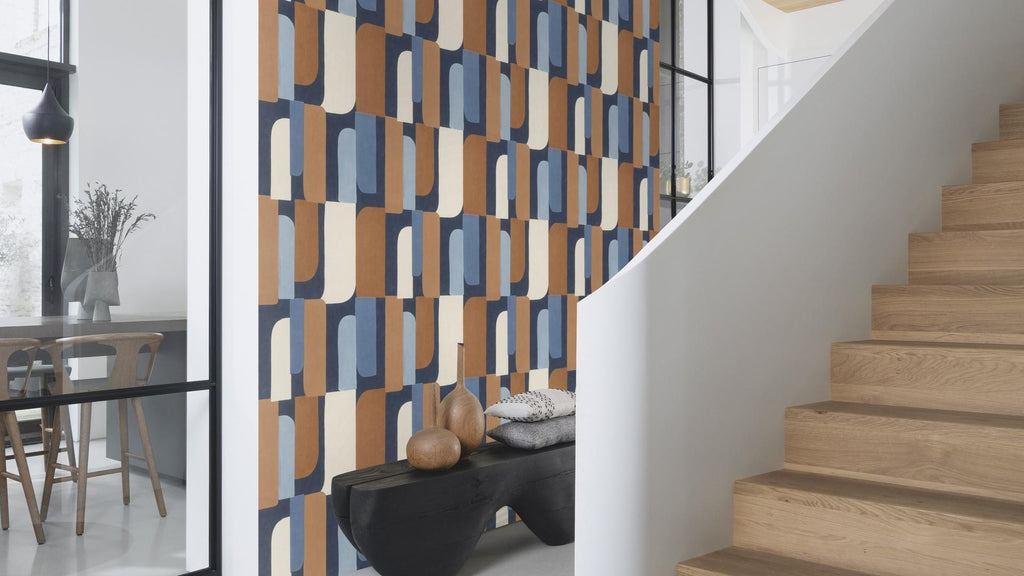 Grafiskā raksta tapetes, zilā un oranžā krāsā, RASCH, 330519, Paraiso