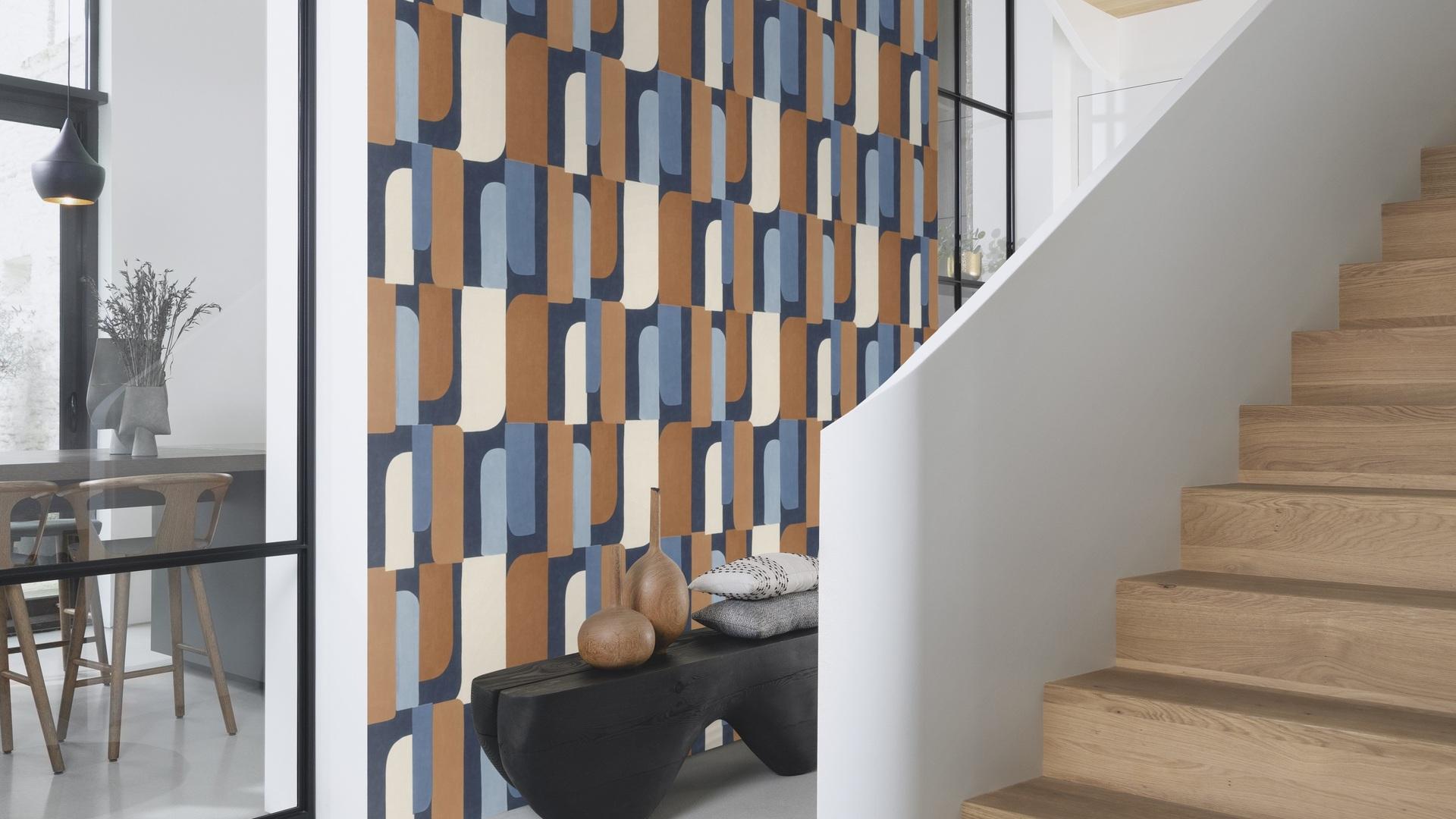 Grafiskā raksta tapetes, zilā un oranžā krāsā, RASCH, 330519, Paraiso