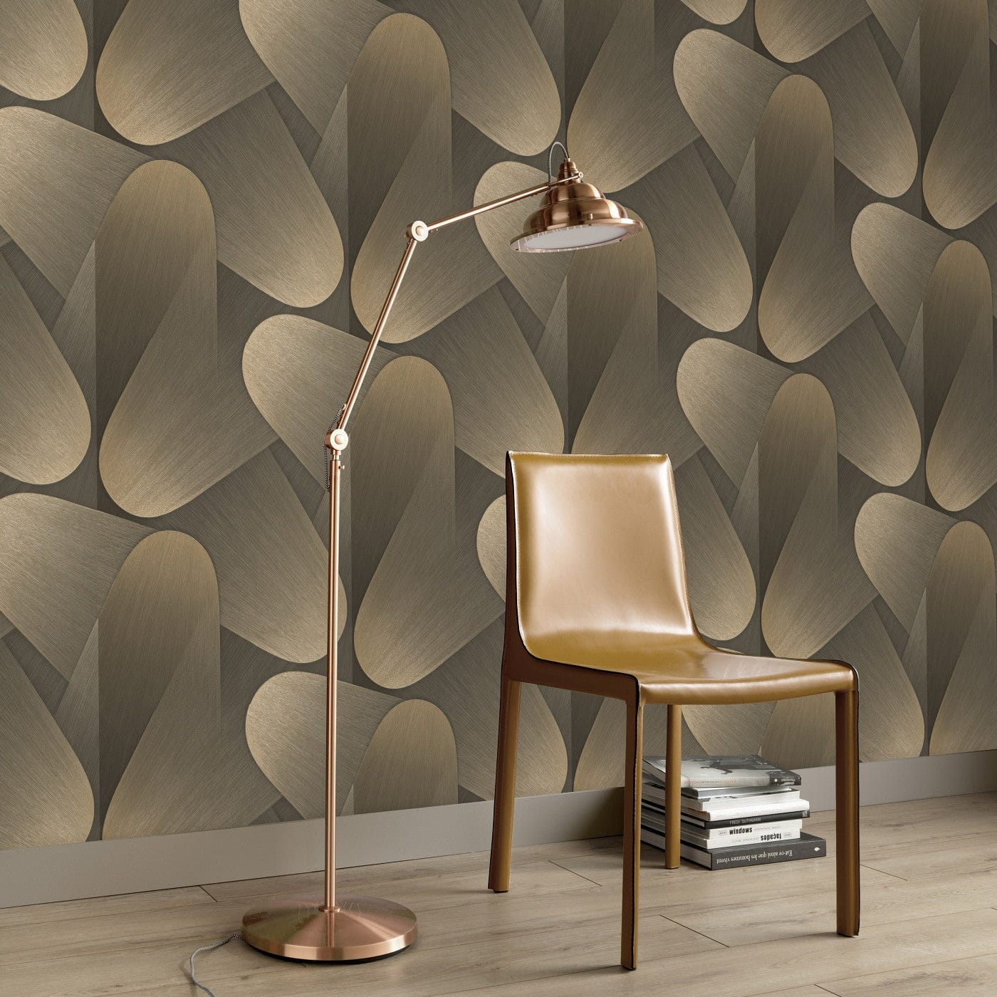 Modernas tapetes ar izliektām 3D formām zelta un brūnā krāsā 3763613