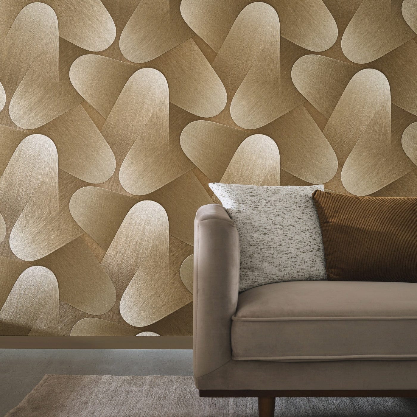 Modernas tapetes ar izliektām 3D formām zelta krāsā 3763632