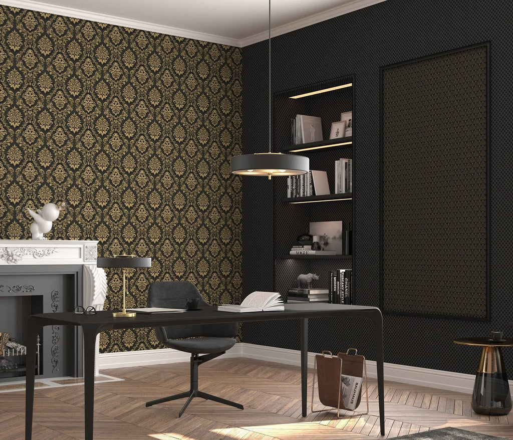 Melnas un zelta tapetes ar damaskas dizainu un satīna efektu, 3731317, viesistabai - interjers 3
