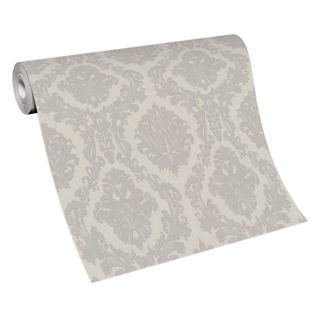 Pelēka un taupe krāsas tapetes ar satīna damaskas rakstu, 3731345, viesistabai - interjers 5