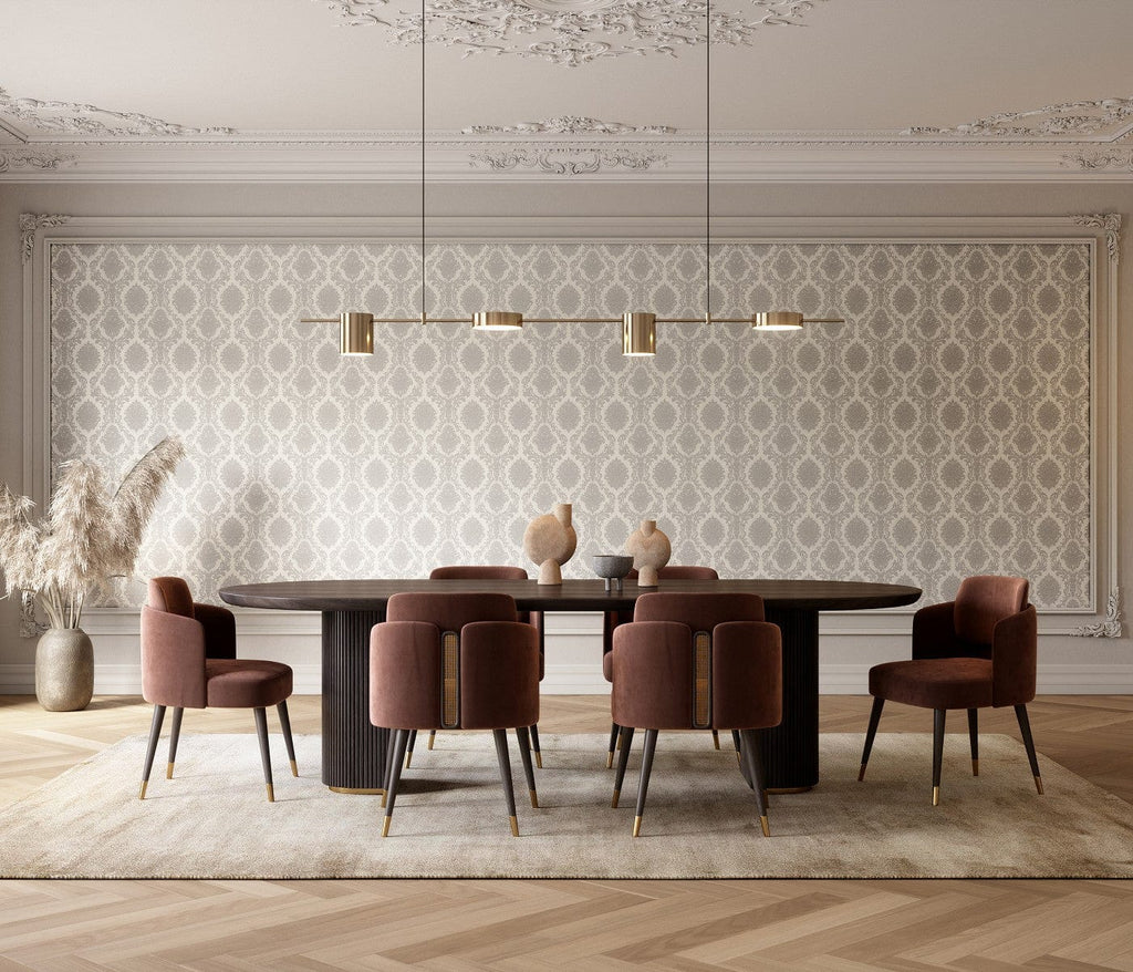 Pelēka un taupe krāsas tapetes ar satīna damaskas rakstu, 3731345, viesistabai - interjers 3