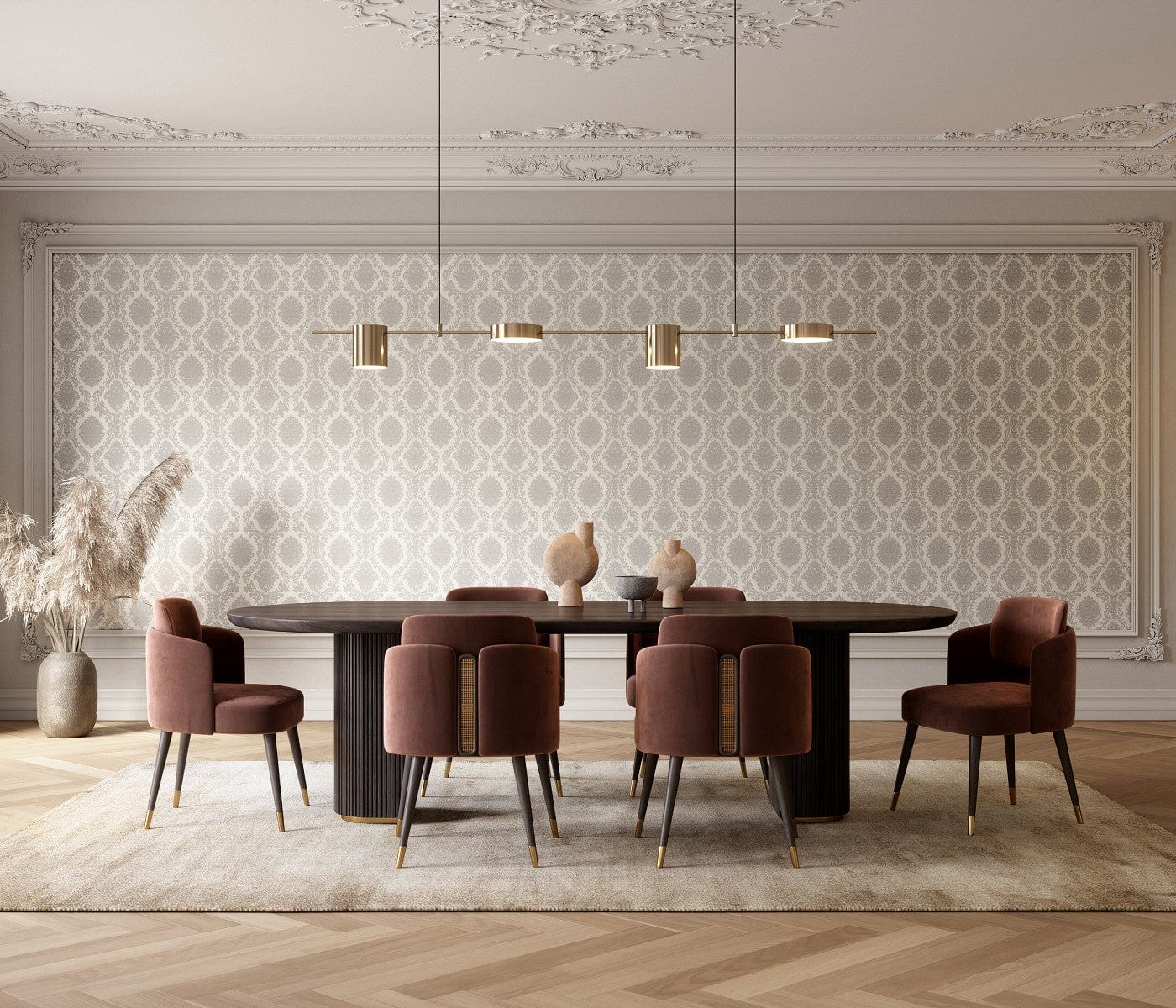 Pelēka un taupe krāsas tapetes ar satīna damaskas rakstu, 3731345, viesistabai - interjers 3