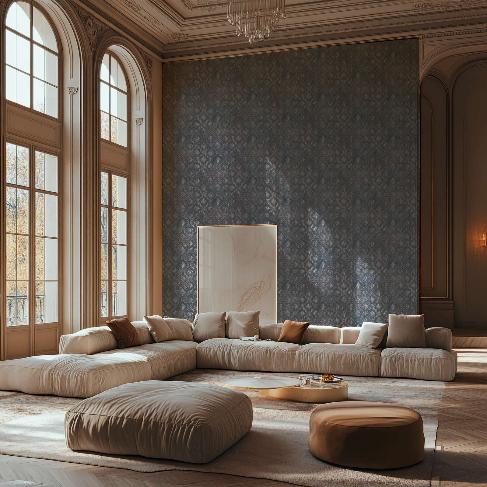 Melnas tapetes ar klasisku ornamentu un zelta efektu - istabas interjerā