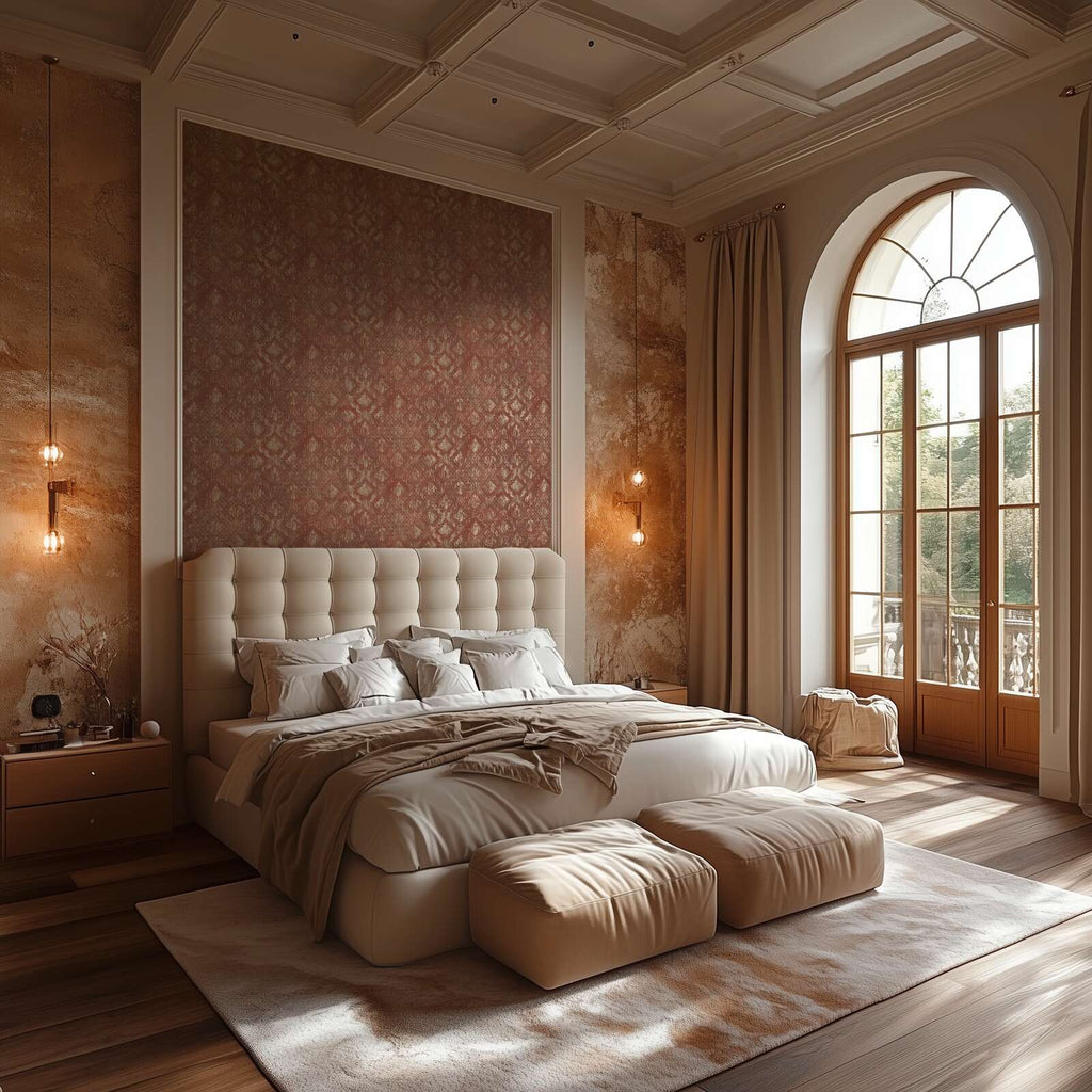 Sarkanās tapetes ar klasisku rakstu un zeltainu spīdumu - guļamistabas interjerā