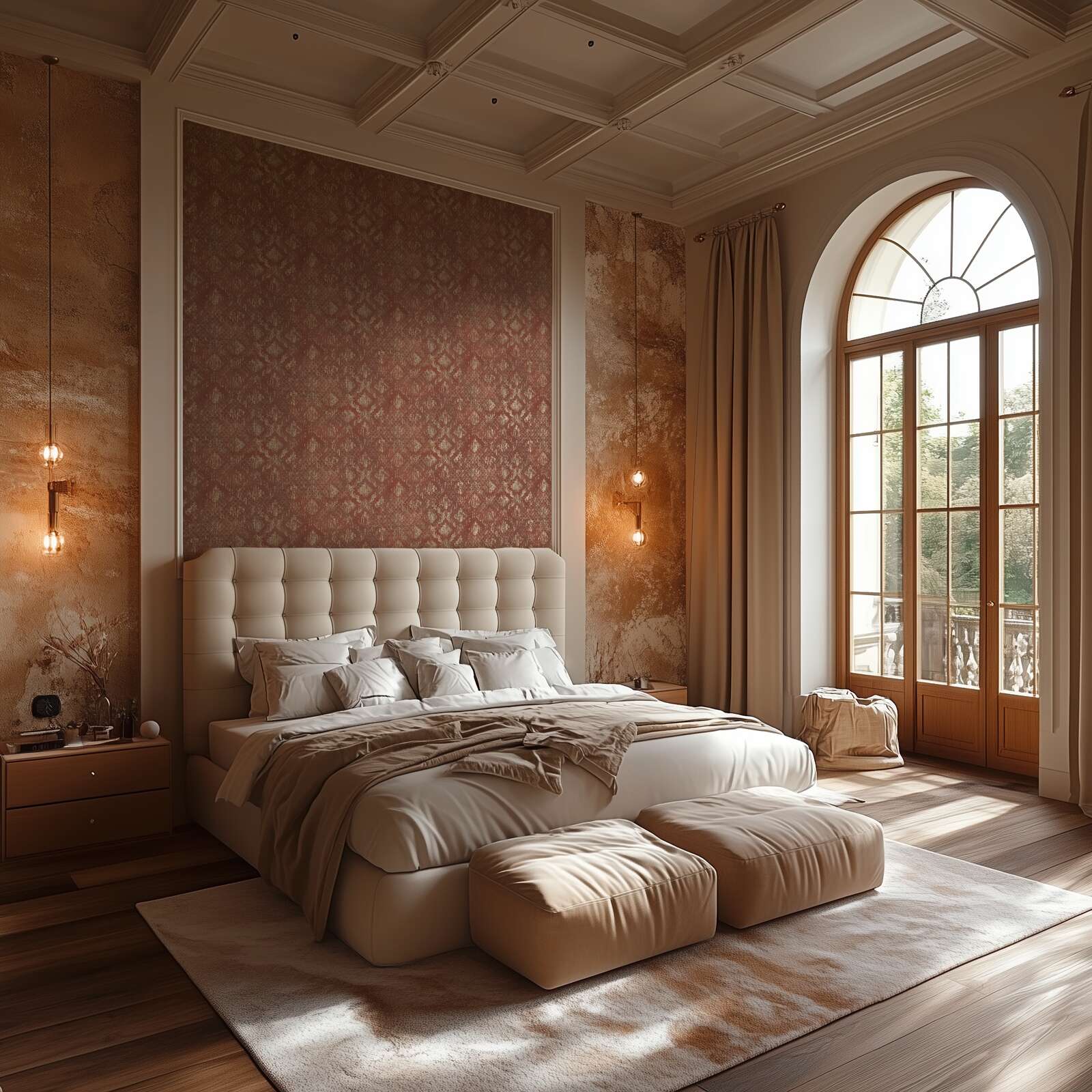 Sarkanās tapetes ar klasisku rakstu un zeltainu spīdumu - guļamistabas interjerā