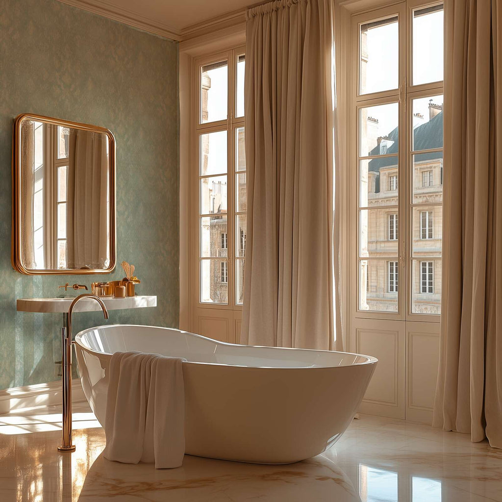 Zaļas tapetes ar greznu ornamentu un zeltainiem akcentiem - viesistabas interjerā