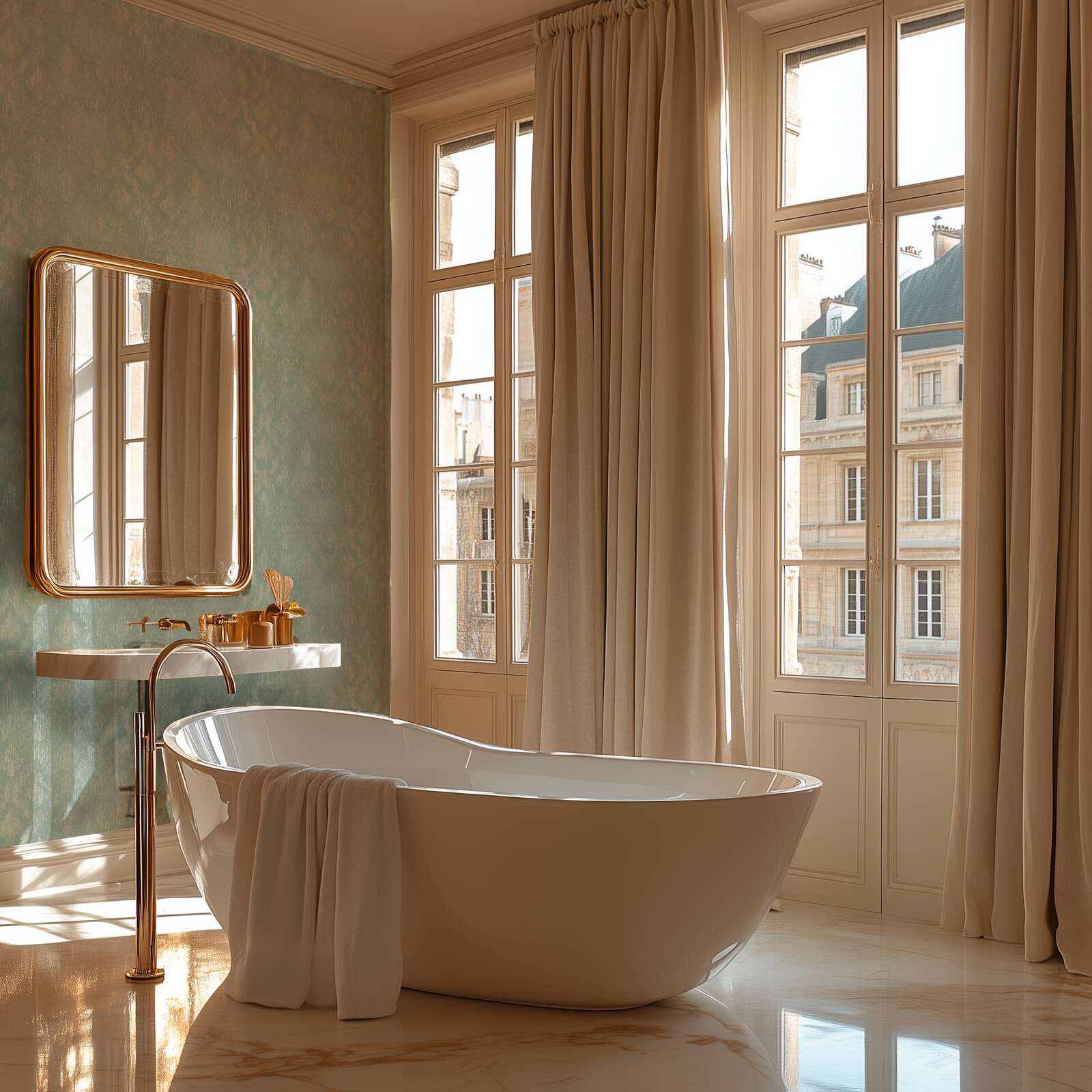 Zaļas tapetes ar greznu ornamentu un zeltainiem akcentiem - viesistabas interjerā