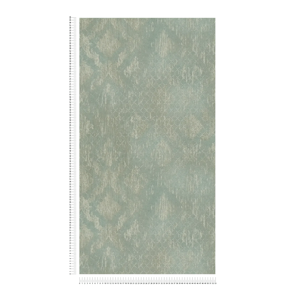 Zaļas tapetes ar greznu ornamentu un zeltainiem akcentiem - istabas interjerā