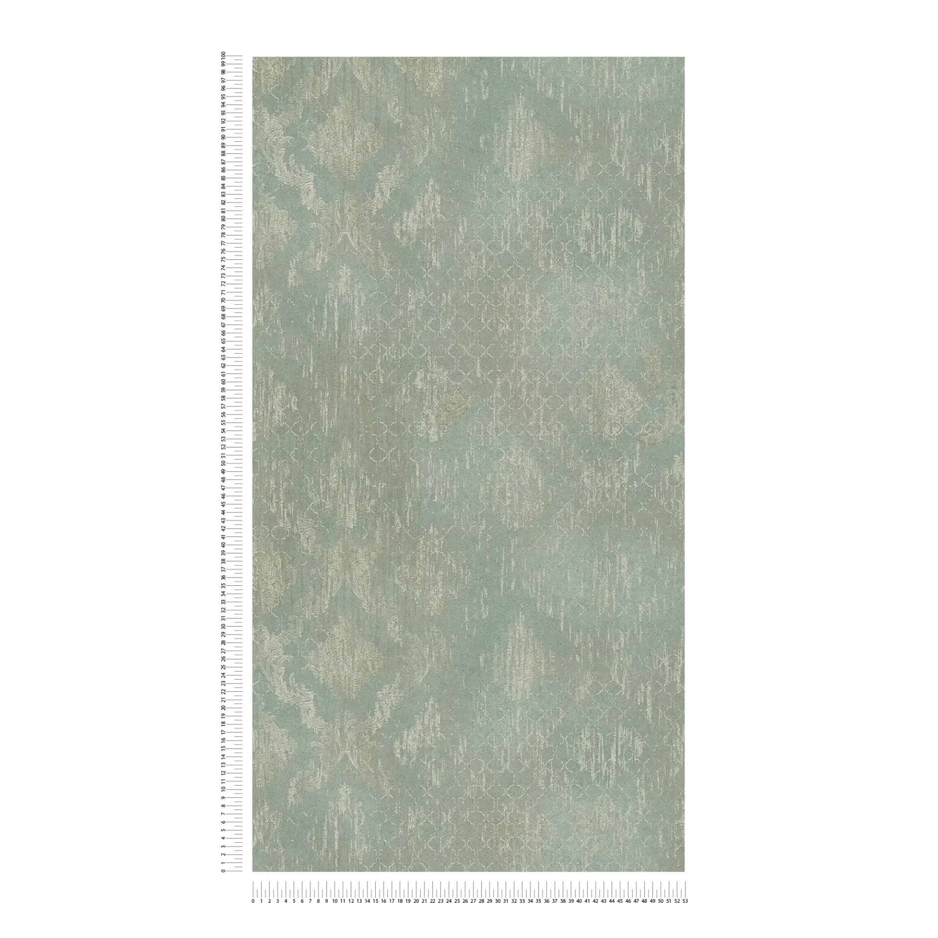 Zaļas tapetes ar greznu ornamentu un zeltainiem akcentiem - istabas interjerā