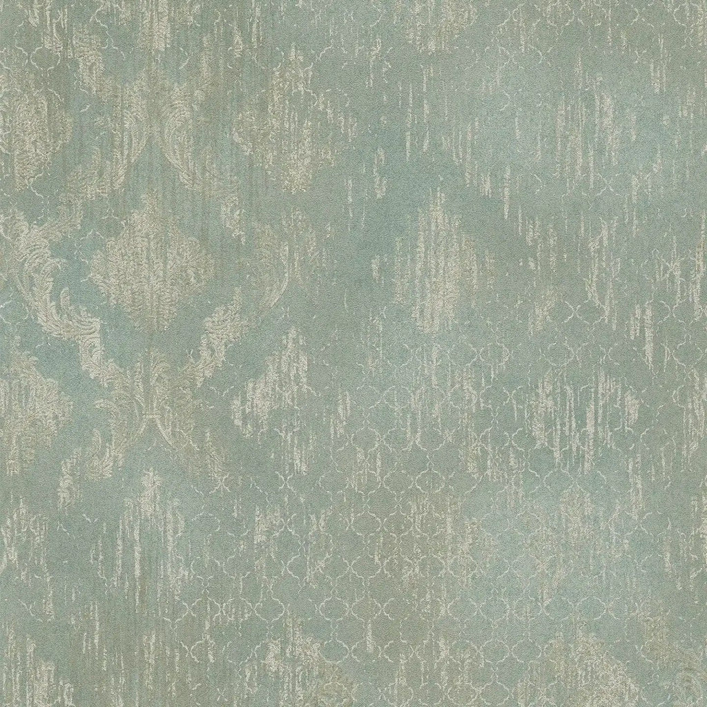 Zaļas tapetes ar greznu ornamentu un zeltainiem akcentiem - idejas interjerām