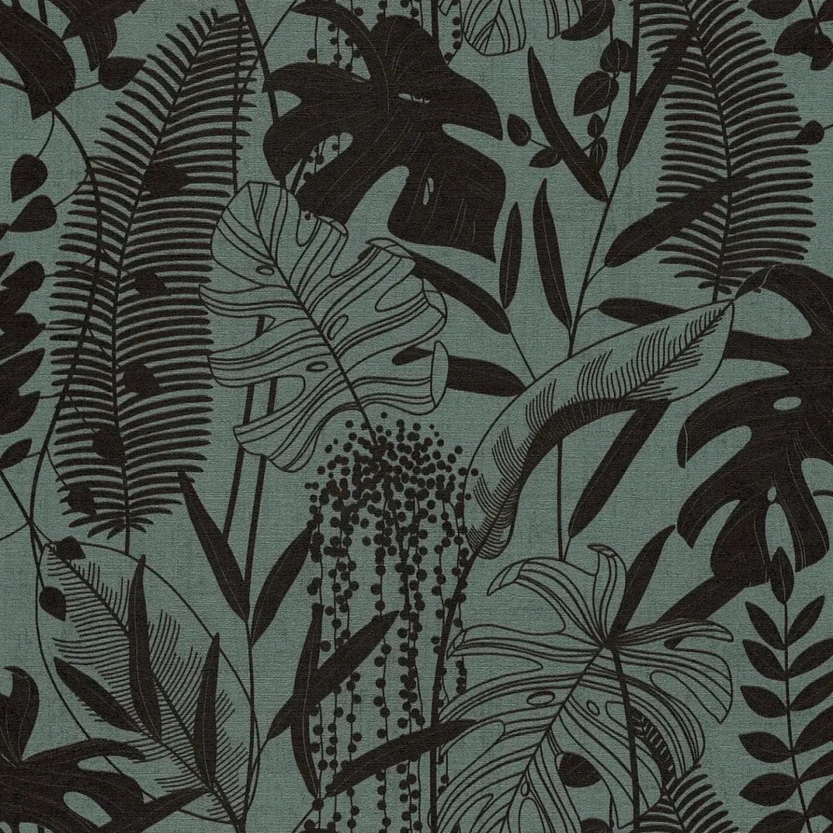 Tumši zaļas un melnas tapetes ar lapu dekoru un spīdumu | 3012134