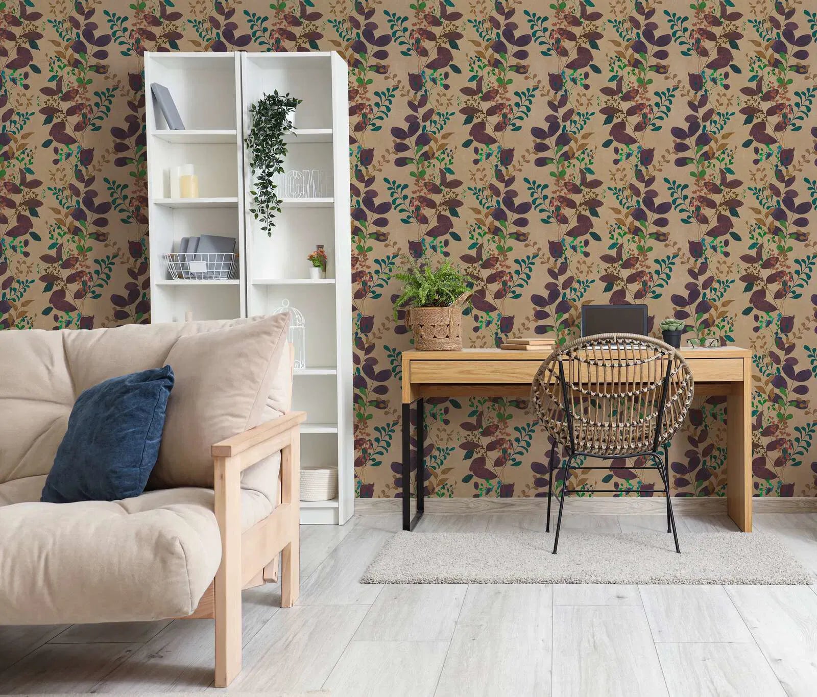 Brūnas tapetes ar lapām un matētu tekstūru | 3012473