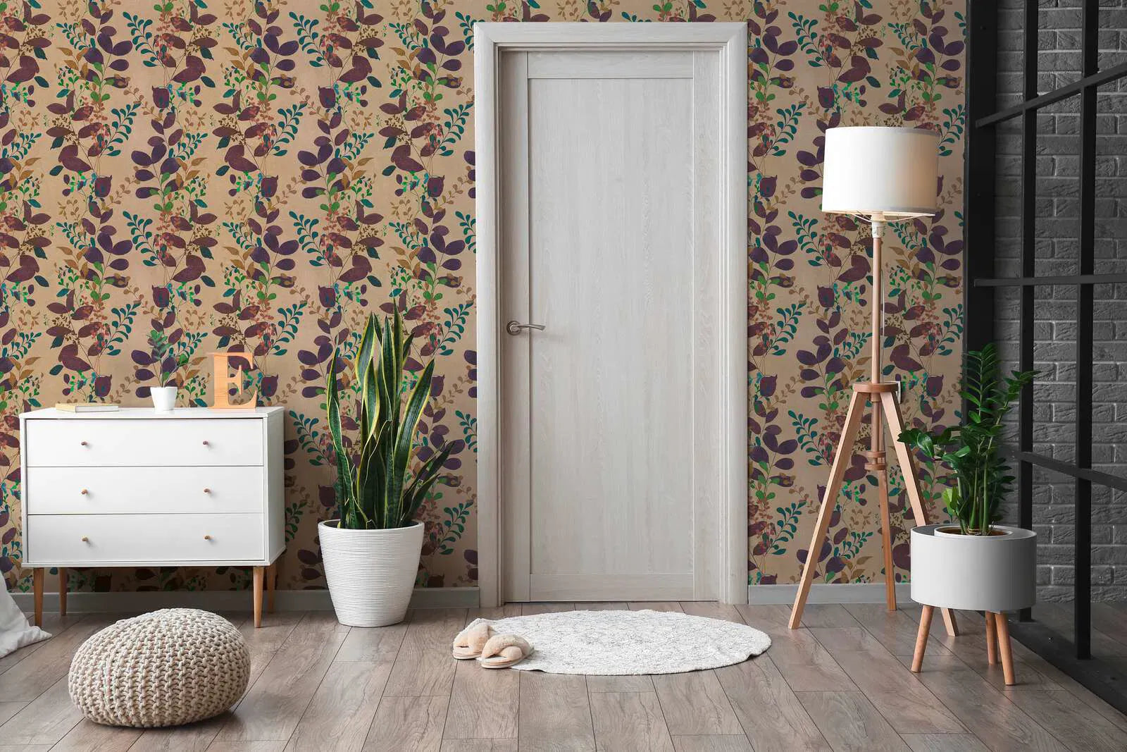 Brūnas tapetes ar lapām un matētu tekstūru | 3012473