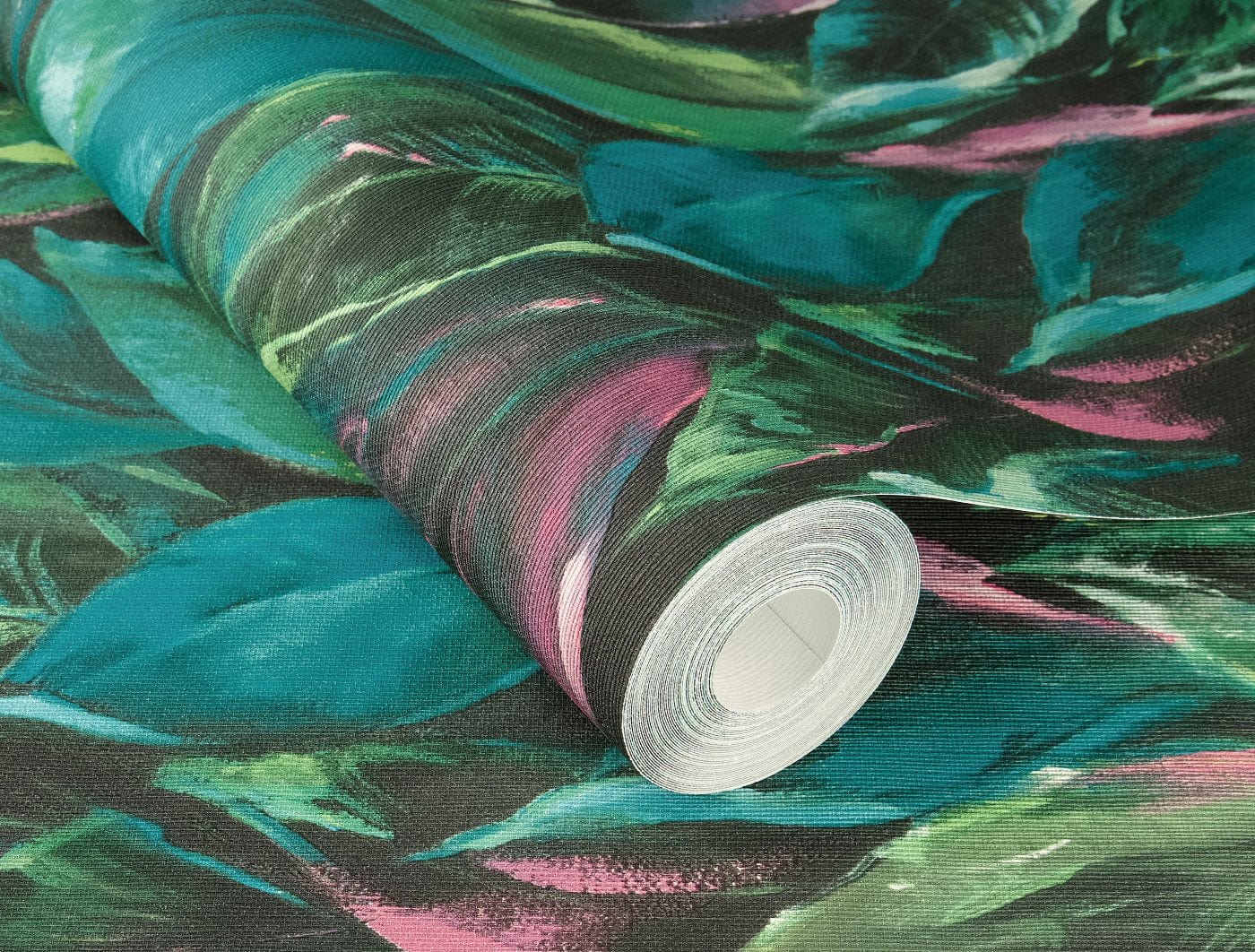 Tapetes ar lapu motīvu uz teksturētas virsmas, zaļā un rozā krāsā, RASCH, 537352, Curiosity