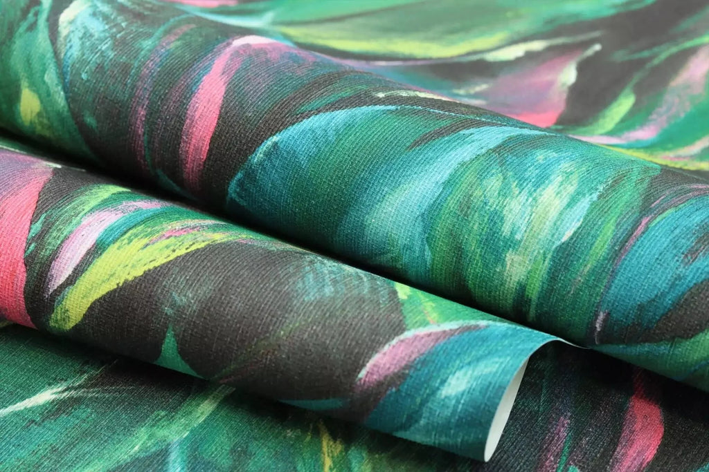 Tapetes ar lapu motīvu uz teksturētas virsmas, zaļā un rozā krāsā, RASCH, 537352, Curiosity