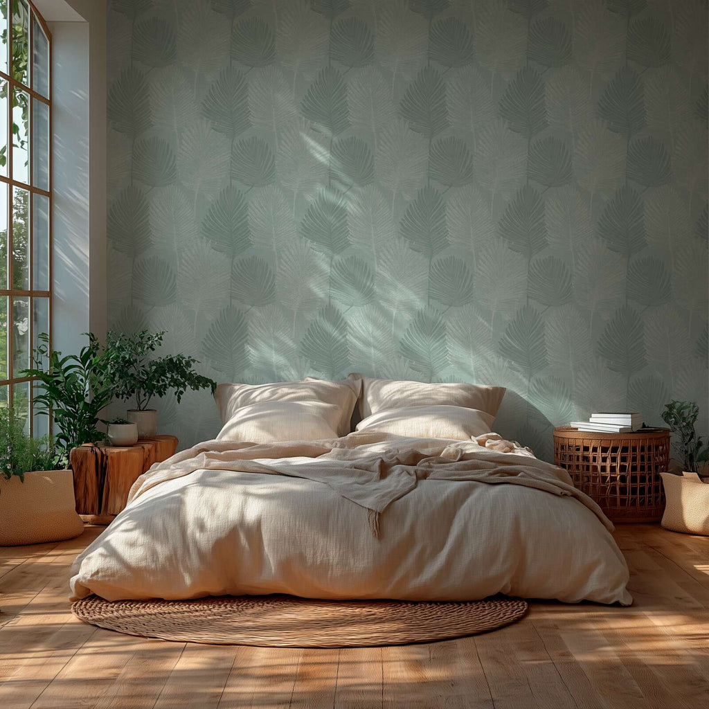 Zaļas tapetes ar dabas motīvu un viegli teksturētu virsmu - guļamistabas interjerā