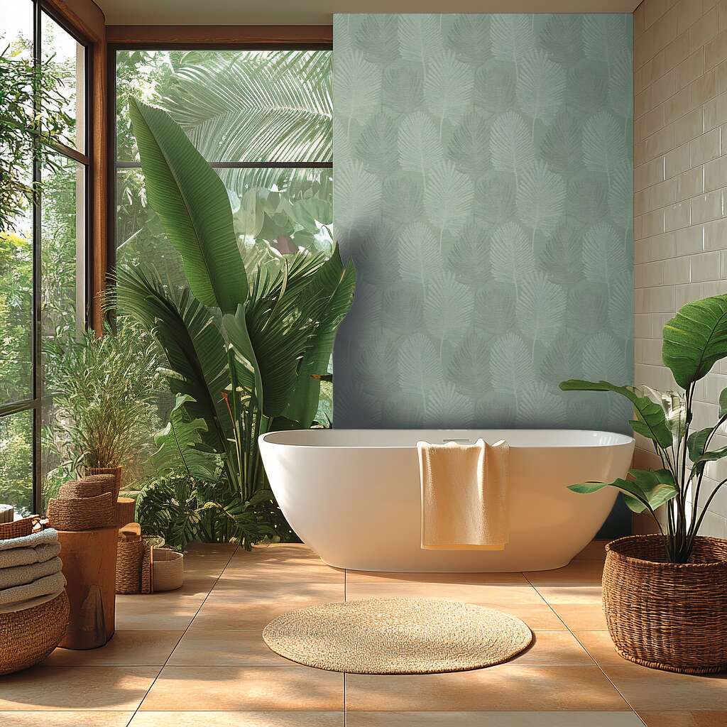 Zaļas tapetes ar dabas motīvu un viegli teksturētu virsmu - istabas interjerā