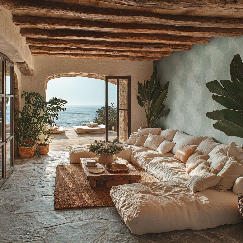 Zaļas tapetes ar dabas motīvu un viegli teksturētu virsmu - idejas interjerām