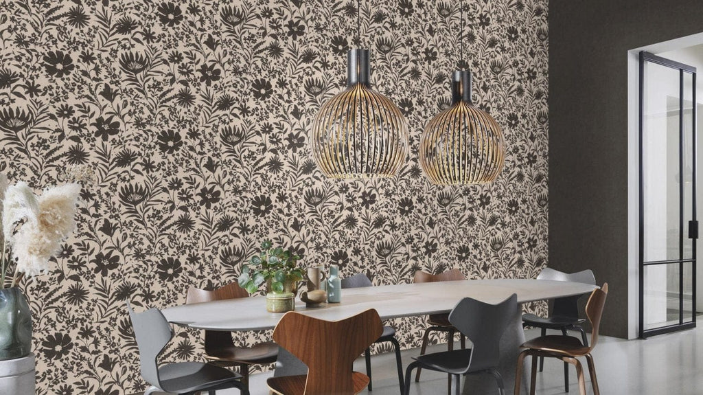 Lauku ziedu tapetes, melnā un bēšā krāsā, RASCH, 330434, Paraiso