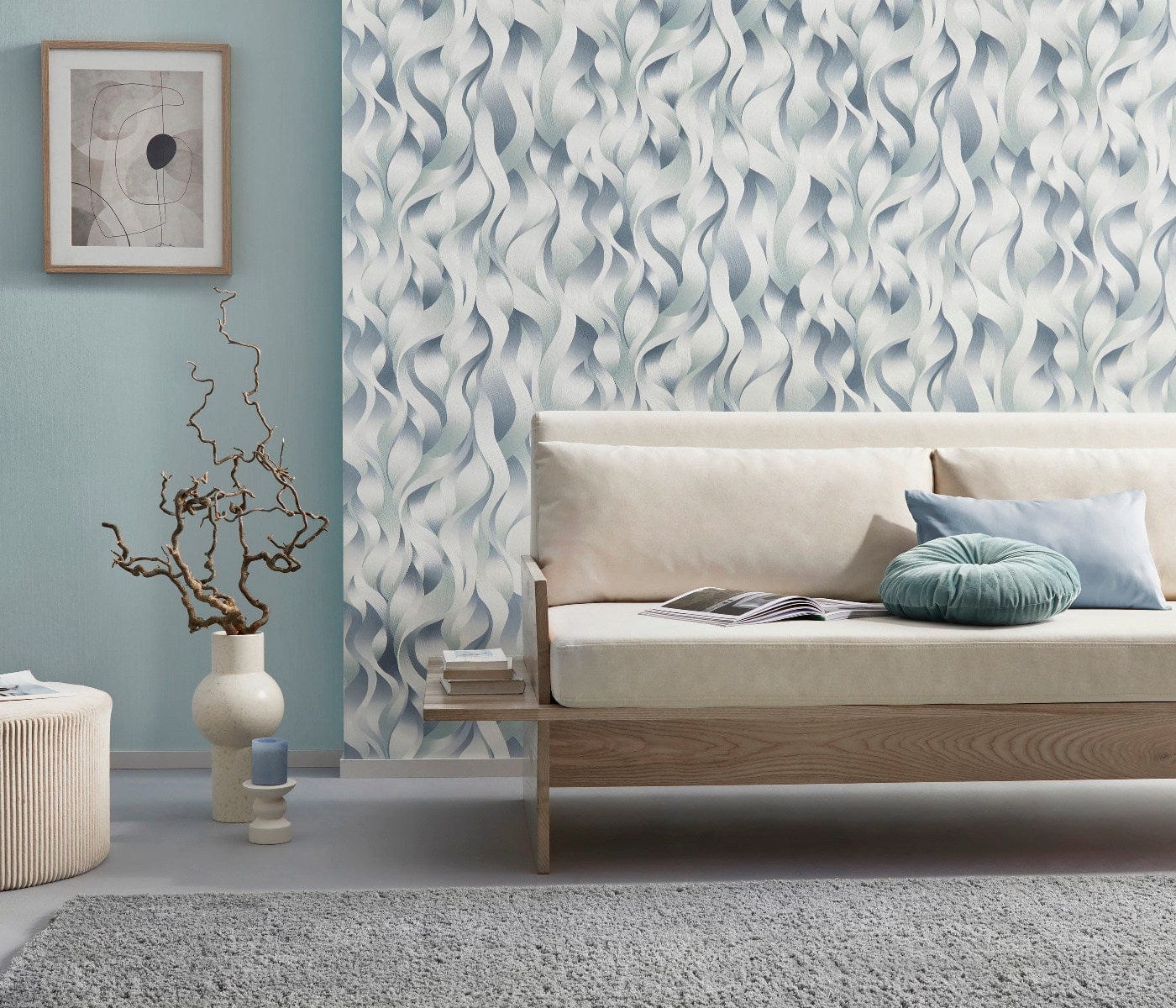 Tirkīza tapetes ar dekoratīvām līnijām un mirdzošu metālisku efektu, 3711002, gaumīgs interjers 2