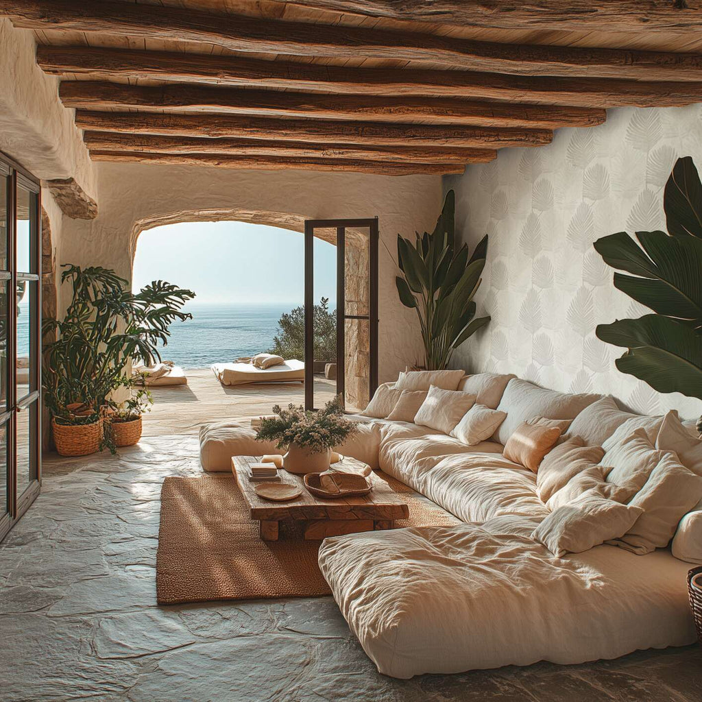 Tapetes ar lapu rakstu un maigu tekstūru gaiši pelēkā krāsā - idejas interjerām