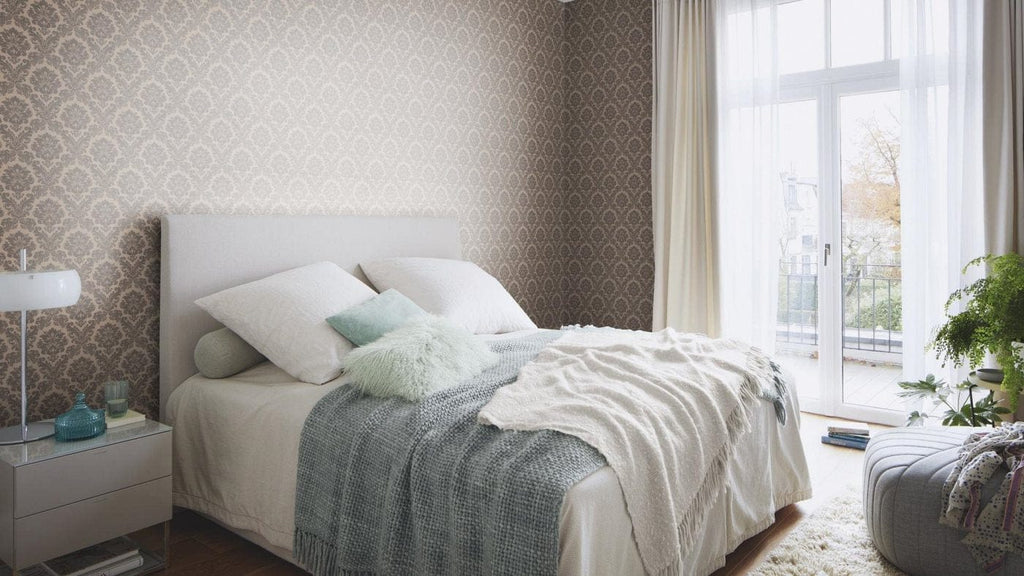 Baroka stila ornamenta tapetes, pelēkā un brūnā krāsā, RASCH, 570557, Trianon XIII