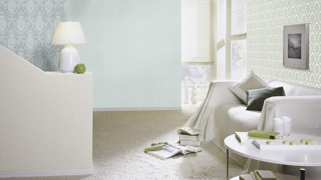 Baroka stila ornamenta tapetes, zilā un baltā krāsā, RASCH, 570533, Trianon XIII