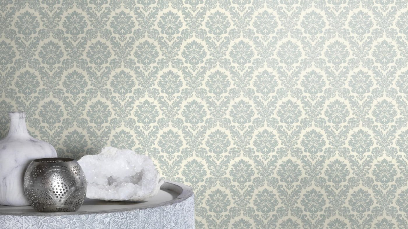 Baroka stila ornamenta tapetes, zilā un baltā krāsā, RASCH, 570533, Trianon XIII