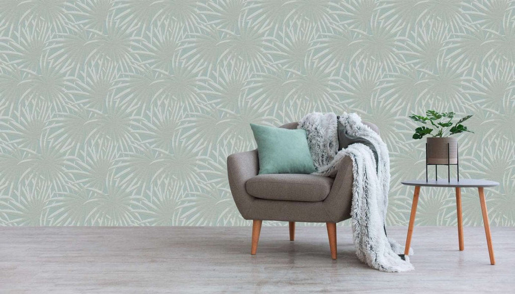 Piparmētru zaļas tapetes ar tropisku palmu dizainu svaigai atmosfērai