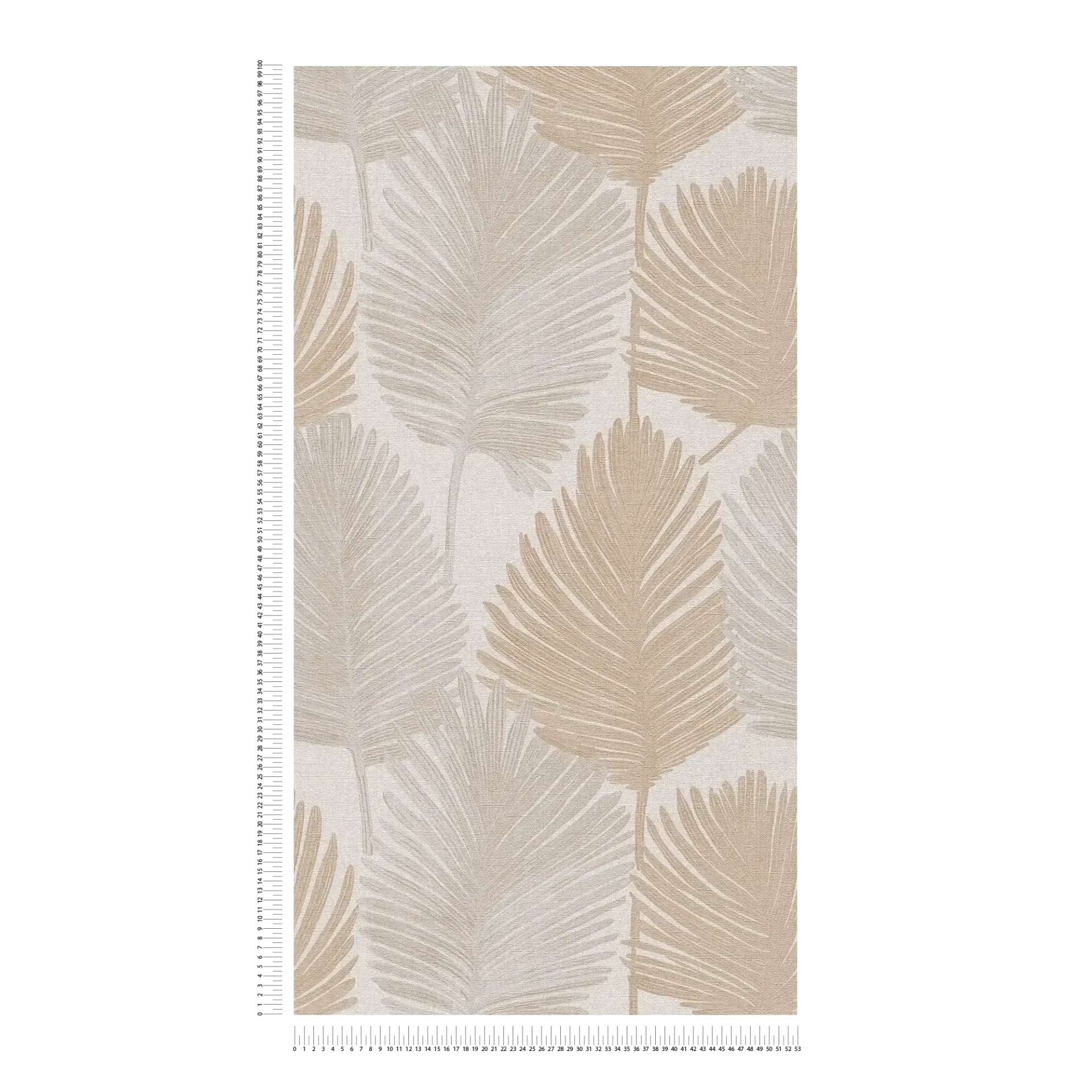 Tapetes ar palmu lapu motīvu un teksturētu virsmu pelēkā un bēšā tonī - istabas interjerā